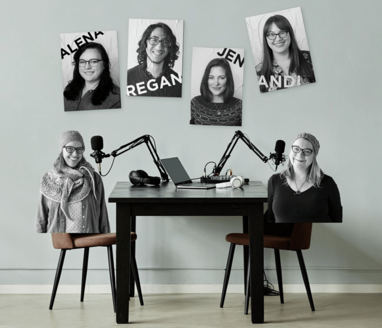 silly photoshopped image of me and Stacey sitting in chairs at a desk but cropped off mid-body, and photos of Alena, Regan, Jen, and Andi on the wall