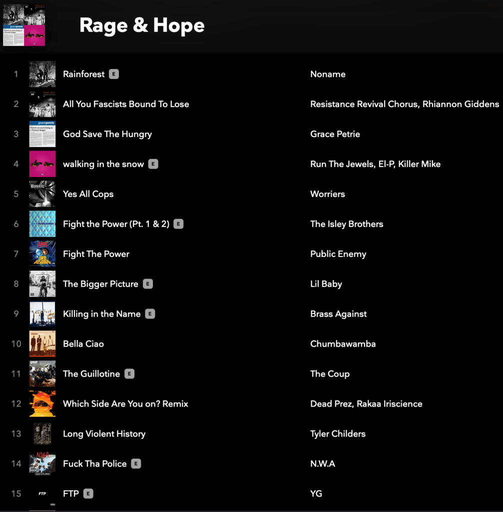 Rage & Hope playlist screenshot: Rainforest by Noname All You Fascists Bound To Lose by Resistance Revival Chorus, Rhiannon Giddens God Save The Hungry by Grace Petrie walking in the snow by Run The Jewels, El-P, Killer Mike Yes All Cops by Worriers Fight the Power (Pt. 1&2) by The Isley Brothers Fight The Power by Public Enemy The Bigger Picture by Lil Baby Killing in the Name by Brass Against Bella Ciao by Chumbawamba The Guillotine by The Coup Which Side Are You on? Remix by Dead Prez, Rakaa Iriscience Long Violent History by Tyler Childers Fuck Tha Police by N.W.A FTP by YG