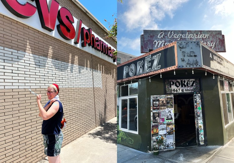 2 photos: Lee posing with her tetanus shot bandage in front of CVS pharmacy and Pokez front of building