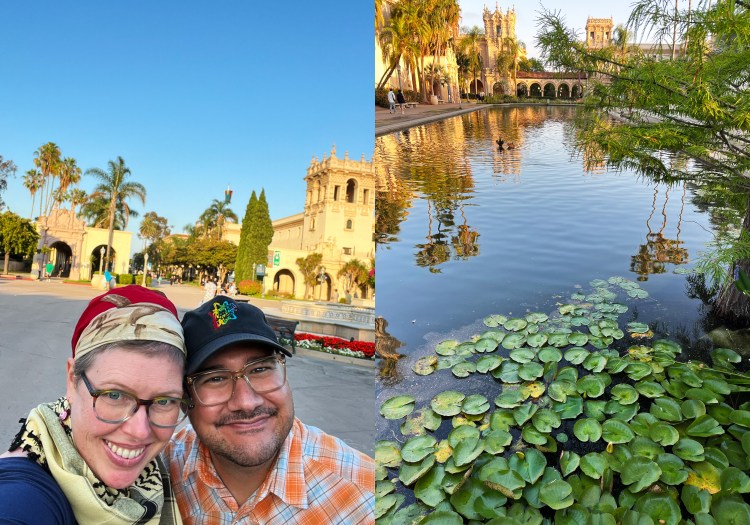 2 photos: Lee and Pete smiling at Balboa Park and a shot of the pond with lily pads at Balboa Park