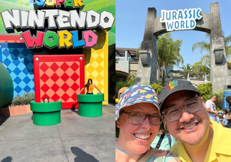 2 photos at Universal Studios: Nico and Cosi playing at Nintendo World and Lee and Pete smiling in front of Jurassic World