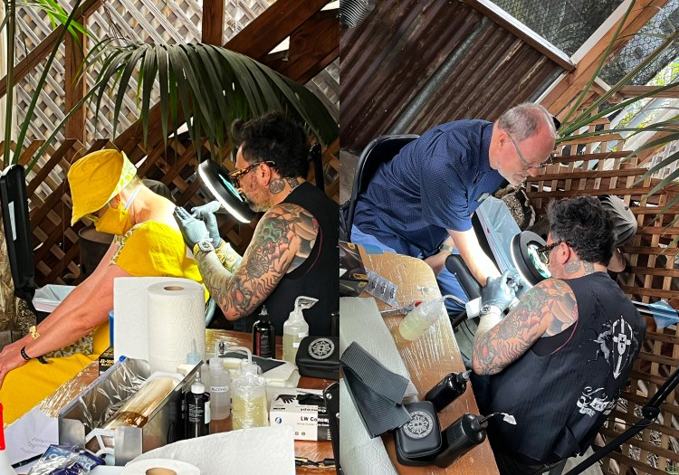 2 photos: Lee and Lee's dad each getting tattooed