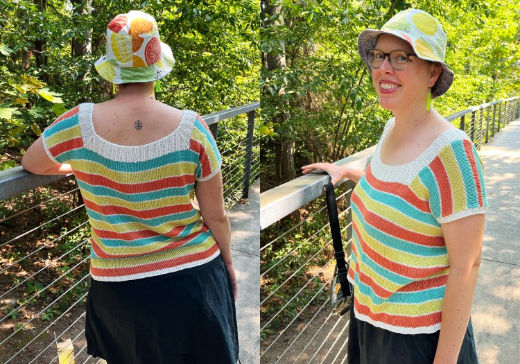 2 photos of Lee standing on a bridge wearing a green/orange/aqua striped knit tee and a white and yellow/green bucket hat, 1 looking to the side and 1 with back to camera
