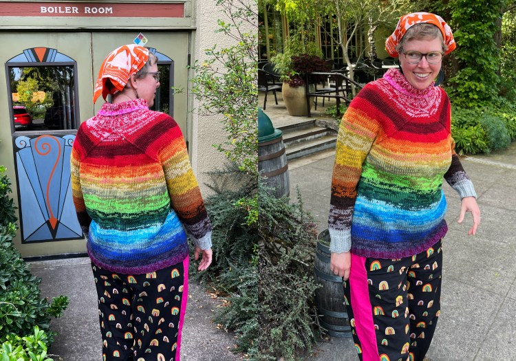 2 photos of Lee standing outside with plants and a colorful door behind, wearing a blendy striped rainbow colored sweater, black pants with rainbows on them, and a red and white bandana, 1 looking forward and 1 with back to camera