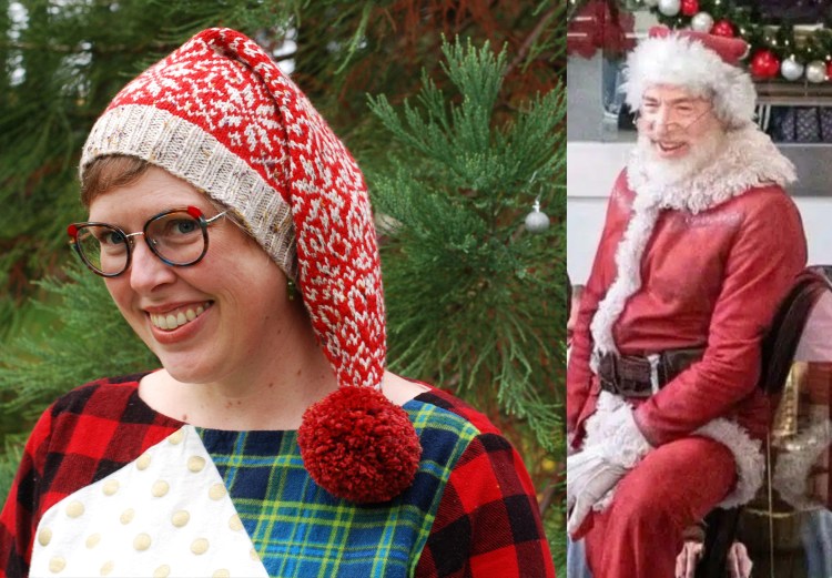 Lee wearing the santa hat with it falling to the side, over the shoulder plus JK Simmons dressed as Santa wearing a hat with white fur trim