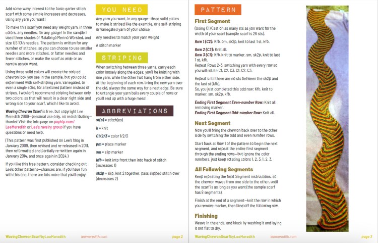 screenshot of 2 pages of Waving Chevron Scarf pattern pdf