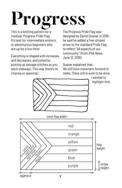 Zine cover, title Progress, text about the knitting pattern and the origin of the Progress Pride Flag, with a drawing and a technical schematic of the flag pattern