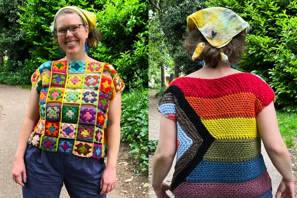 Lee wearing the Progress flag top with the granny square side in front, flag on the back