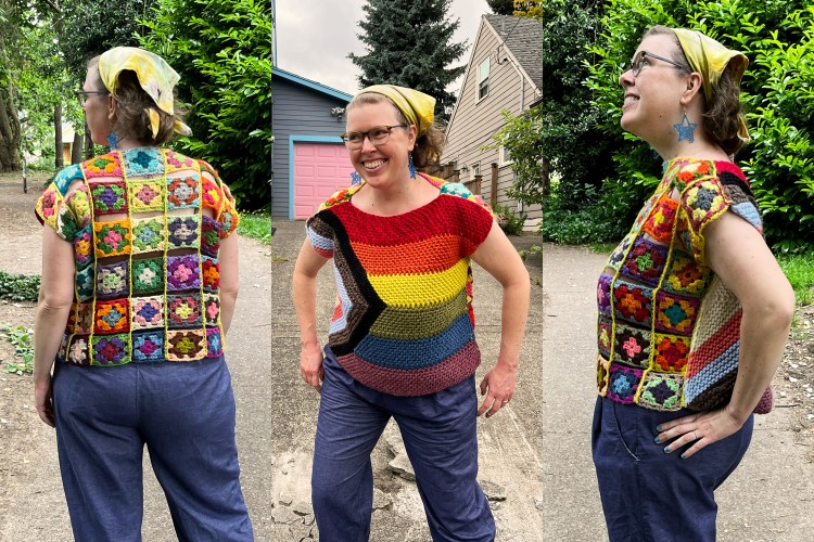 three photos of Lee wearing the Progress flag top with granny squares on the other side