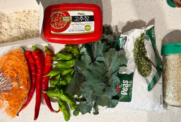 takeout container of white rice, bag of shredded carrots, long red Jimmy Nardello peppers and shishito peppers, fermented red pepper paste (gochujang), a few leaves of kale, bag of frozen peas, and jar of sesame seeds