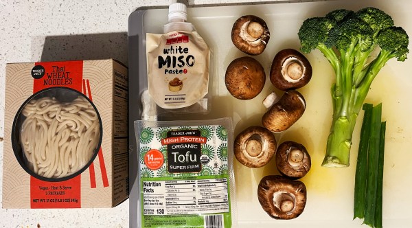 thai wheat noodles, white miso paste, super firm tofu, mushrooms, broccoli, and green onions, all in the packages or uncut