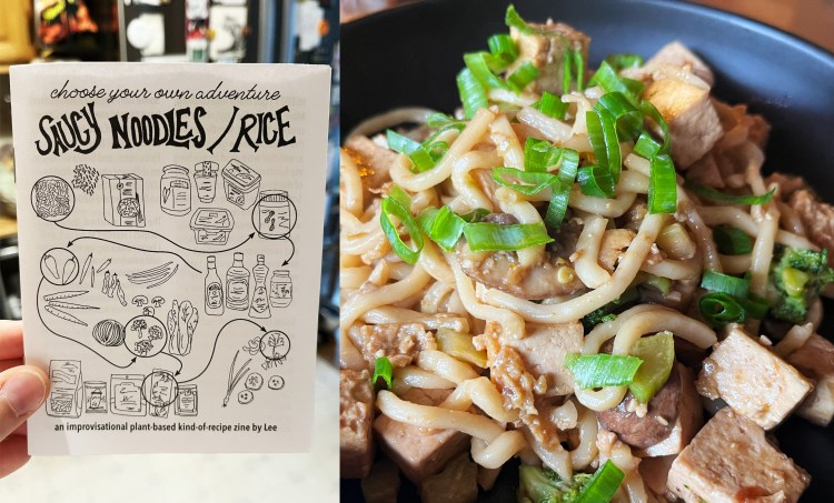 two photos: hand holding up zine with title "Saucy Noodles / Rice" and drawings of ingredients with some of them circled, and noodles with tofu and green onions