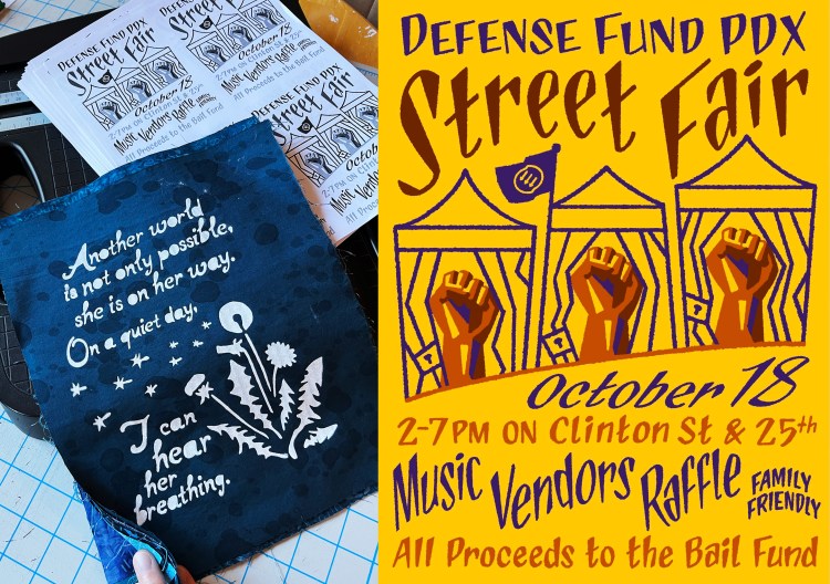 photo of Another World patches stacked on Defense Fund Street Fair fliers, next to yellow Defense Fund Street Fair flier - October 18th 2-7pm on Clinton St & 25th, music vendors raffle family friendly, all proceeds to the bail fund