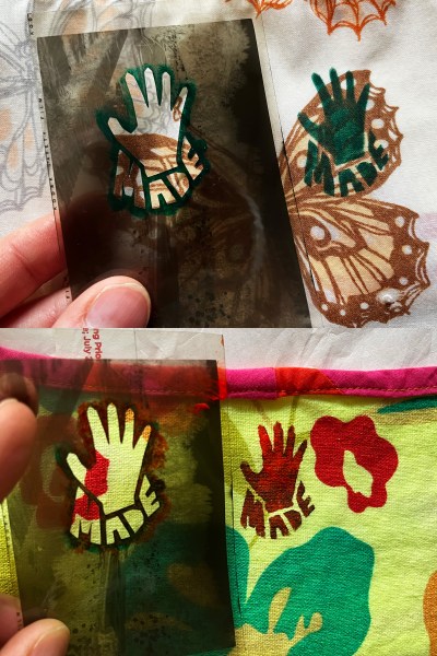 two photos of "hand"made stencils printed onto fabric