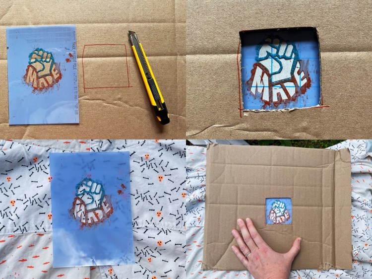 four photos of preparing to print "hand"made stencil onto fabric with spray paint