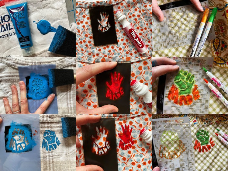 nine photos of printing "hand"made stencil onto fabric with fabric markers and paint