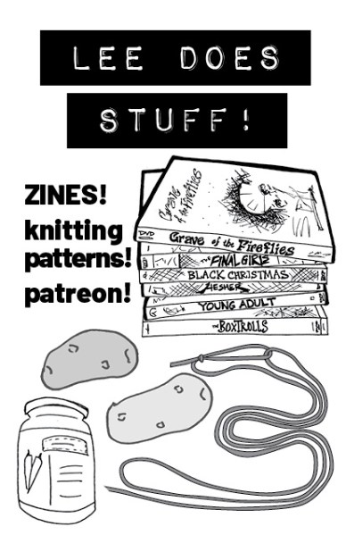 cover of mini-zine "LEE DOES STUFF: ZINES! knitting patterns! patreon!" with illustrations of dvds, potatoes, yarn, and hot sauce