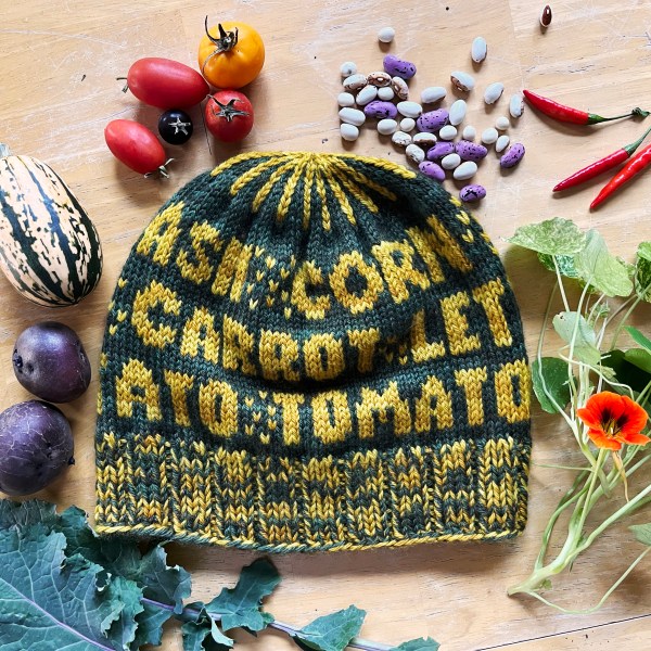 hat with words on it laying flat amongst related items (veggies & flowers)—visible words are CORN, CARROT, TOMATO
