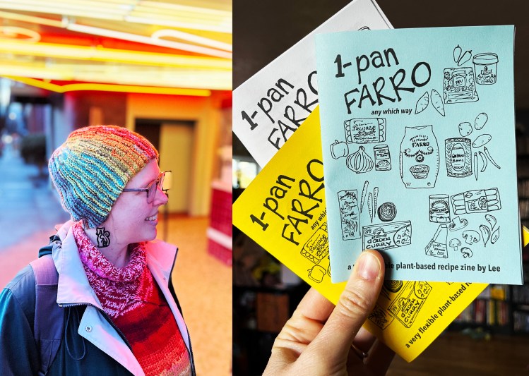 Lee wearing Wowee Zowee under neon lights and hand holding 3 copies of the 1-pan farro zine