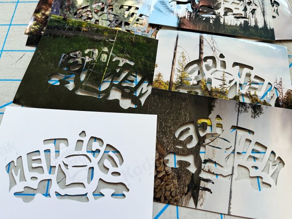 "melt ice" stencil cut into a photo (upside down) with a bunch more showing the back sides