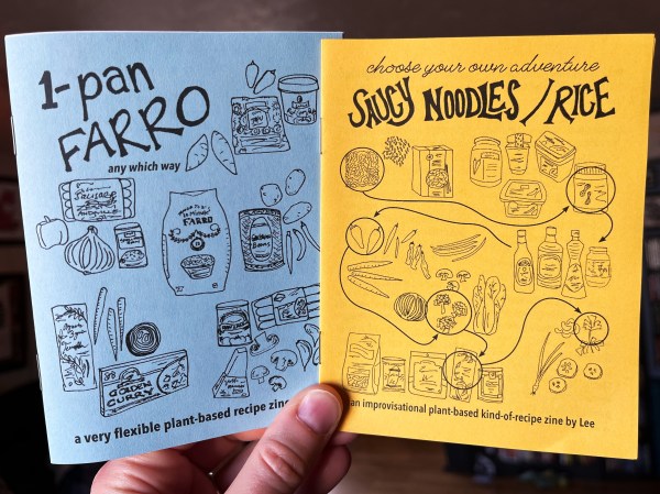 hand holding two zines: 1-pan Farro & Saucy Noodles/Rice