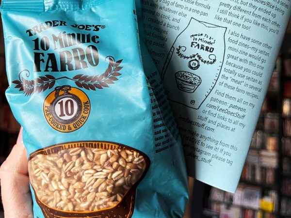 bag of trader joe's farro and back cover of zine with illustration of the bag