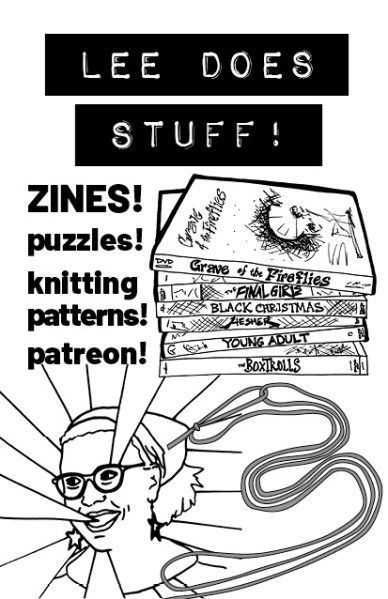 cover of mini-zine "LEE DOES STUFF: ZINES! puzzles! knitting patterns! patreon!" with illustrations of dvds, yarn, and Lee with rays coming out of her face/head