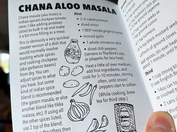 farro zine opened to chana aloo masala page with beginning of recipe