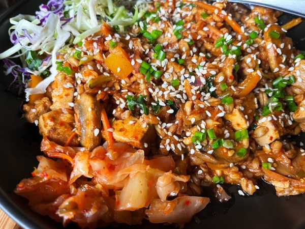 korean style farro with tofu, kimchi, sesame seeds etc