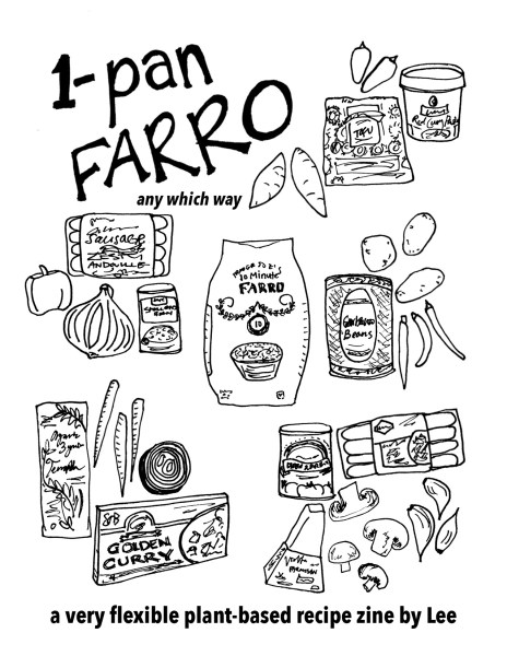 cover of 1-Pan Farro (any which way) zine with drawings of lots of ingredients and text at the bottom: a very flexible plant-based recipe zine by Lee