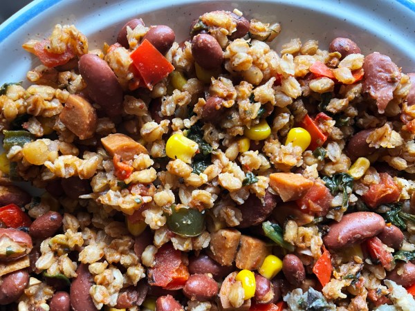 red beans & rice inspired farro with vegan hot dogs as the meat