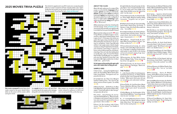 first two pages of extra movie puzzle pdf - puzzle grid, sample grid with answers filled in, and a page about the clues, sample clues, and puzzle clues through 17
