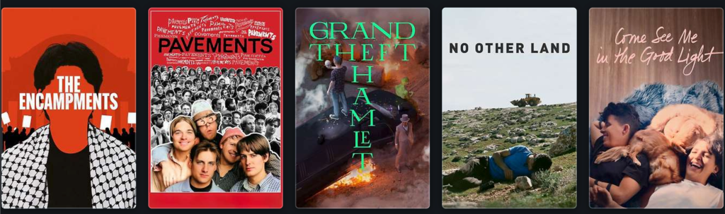 movie posters: The Encampments, Pavements, Grand Theft Hamlet, No Other Land, Come See Me in the Good Light