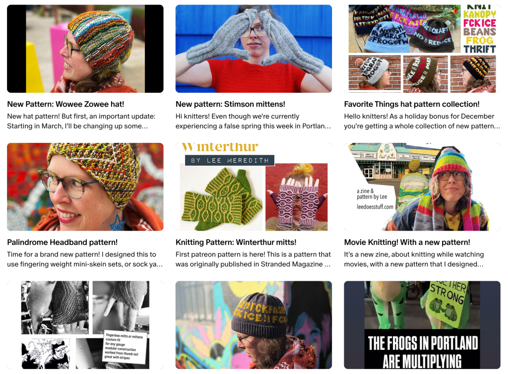 screenshot of patreon knitting patterns collection page