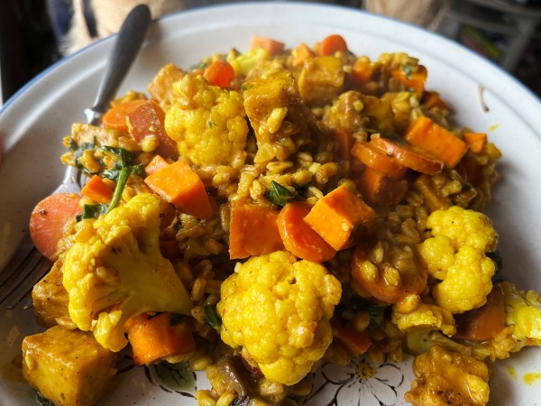 thai curry farro with carrots, sweet potatoes, cauliflower, tofu