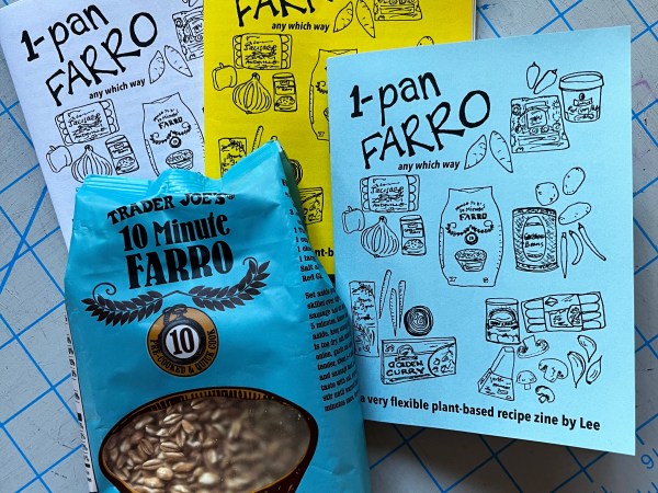 1-pan farro zines on a table with a bag of farro
