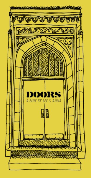 tall vertical zine cover: Doors, a zine by Lee & Anna with a drawing of a door on a yellow background